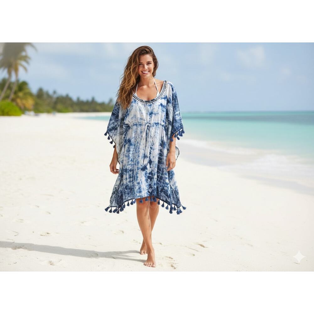 Beach by Exist Swimsuit Cover-Up | Free Size | Blue & White Boho Tie-Dye